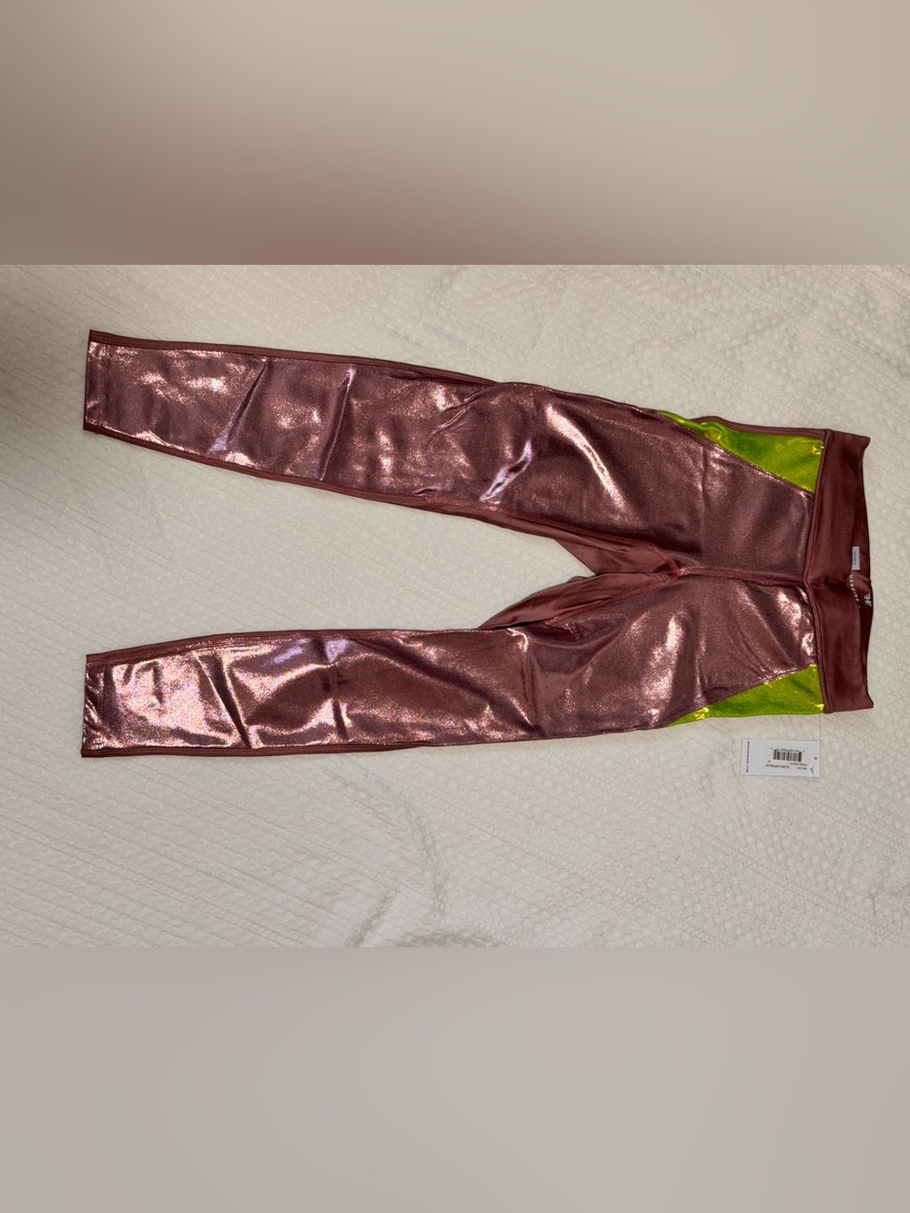Heroine Sport Metallic Rose Pink Leggings with Neon Green Insets